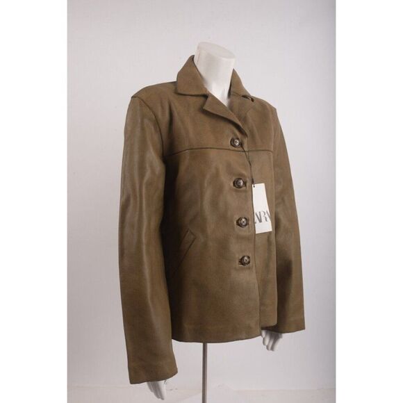 Zara Womens Leather Coat Jacket Straight Cut M Olive Green 2521/240 NWT $349 - Picture 2 of 6